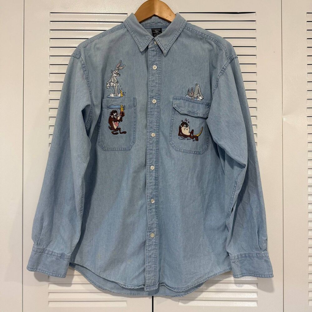Vintage 90s Warner Bros Looney Tunes Bugs Bunny Taz Chambray Shirt Medium